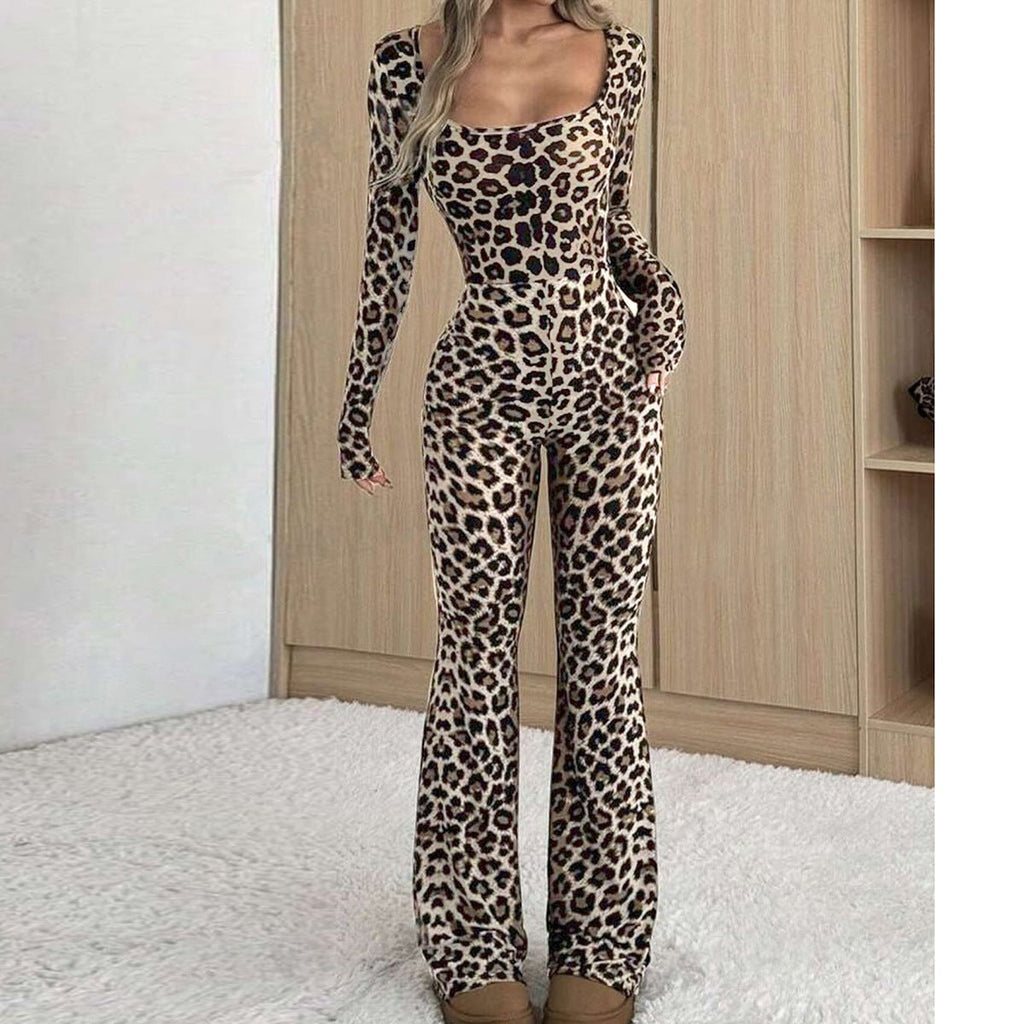 Women's Slim-fit Hip-wrapped Square Collar Leopard Print Jumpsuit - RICALOUX