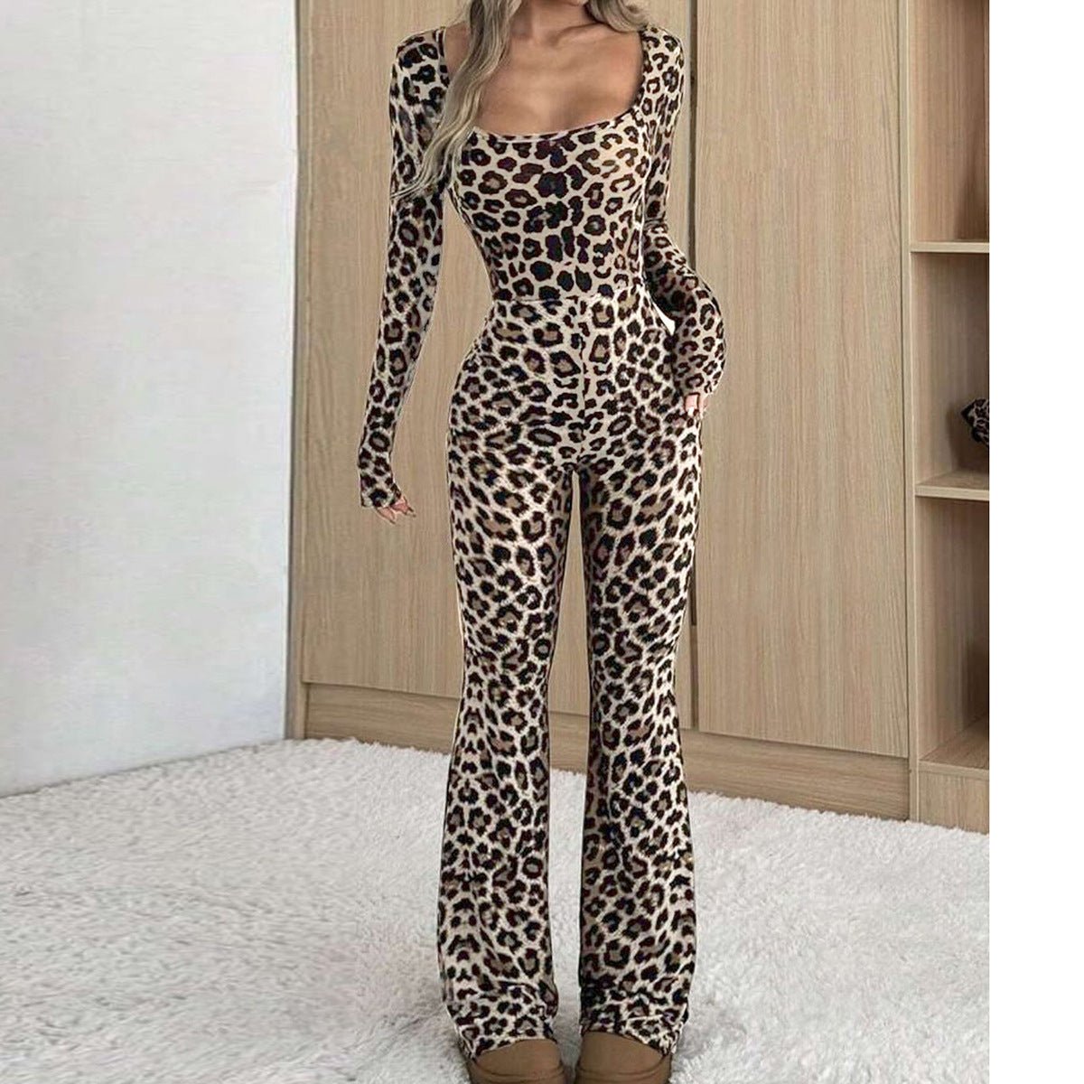 Women's Slim-fit Hip-wrapped Square Collar Leopard Print Jumpsuit - RICALOUX