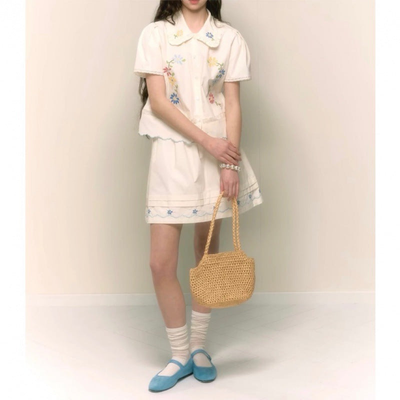 Retro Sweet Floral Embroidered Peter Pan Collar Shirt And Skirt Set by Ricaloux