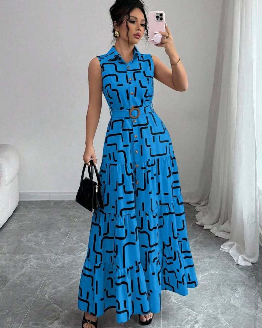 Printed-button Sleeveless Lace-up Shirt-collar Dress by Ricaloux
