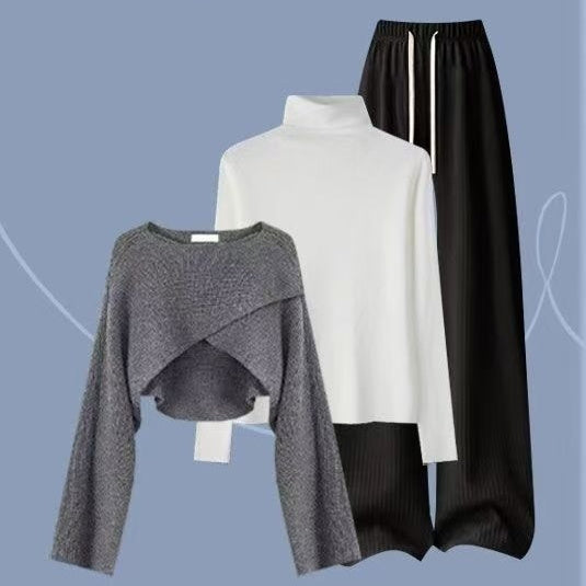 Knitted Sweater With A Base Layer And Casual Wide-leg Pantsthree-piece Set by Ricaloux