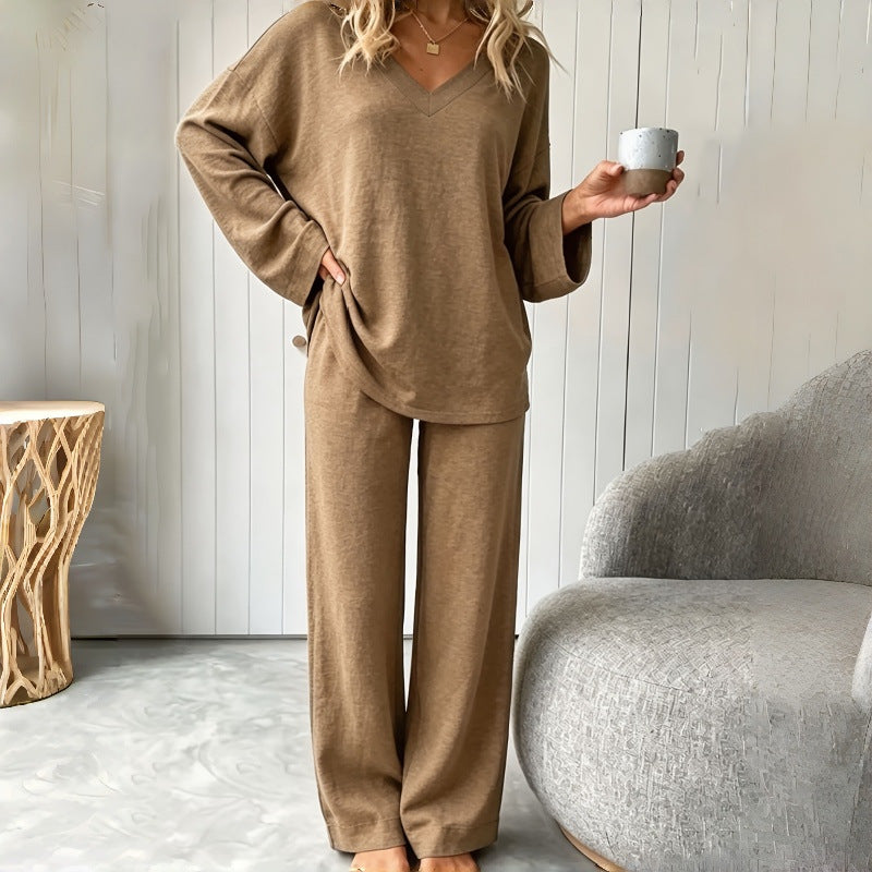 Womens V-neck Two-piece Set With Long Sleeves And Loose-fit Pants – Premium 0 | RICALOUX