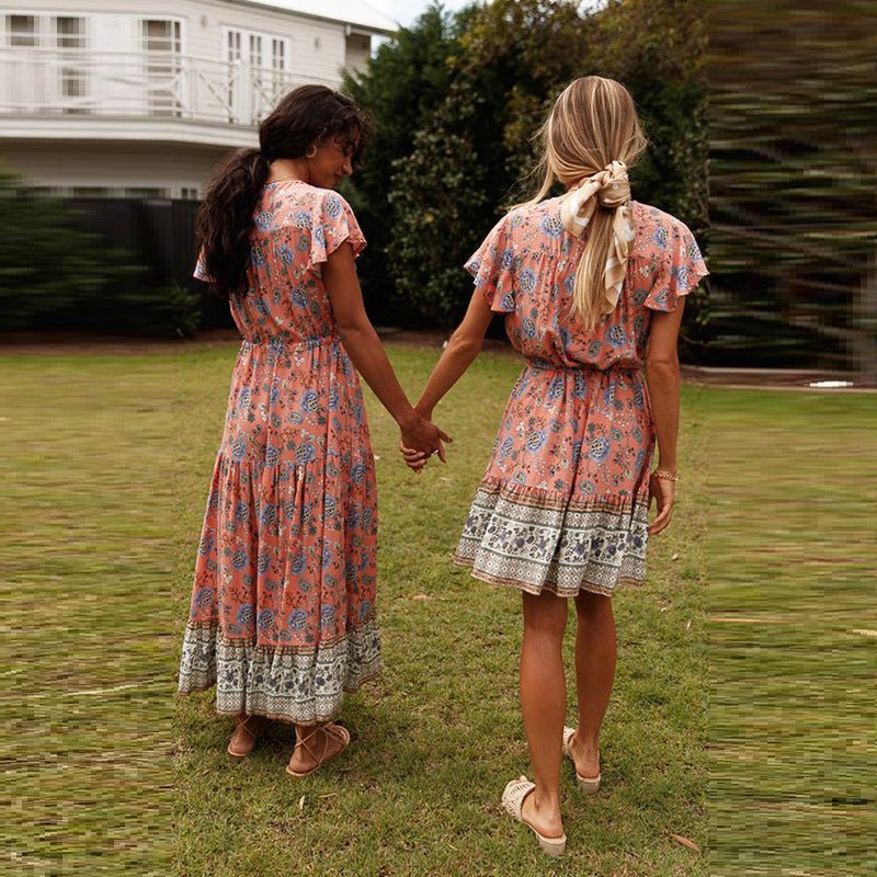 V-neck Short Sleeve Bohemian Dress - RICALOUX