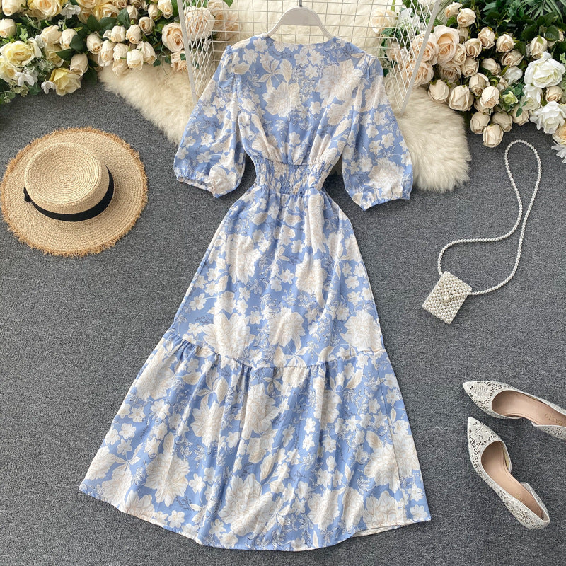 V-neck Buttoned Waist-cinching Figure-flattering Below-the-knee Slit Dress – Premium 0 | RICALOUX