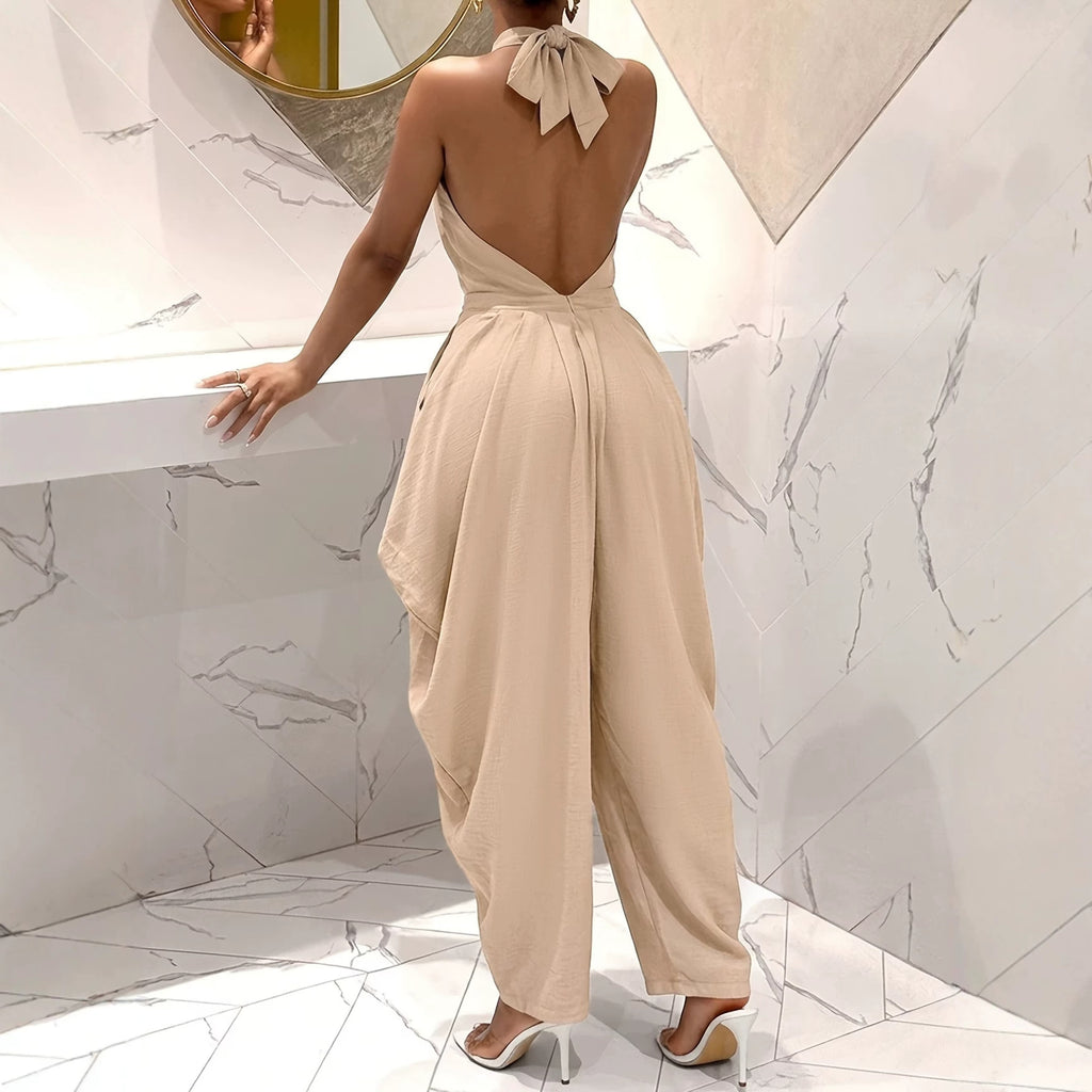 Halter-neck Crossover Backless Jumpsuit With Pleated Wide-leg Harem Pants – Premium 0 | RICALOUX