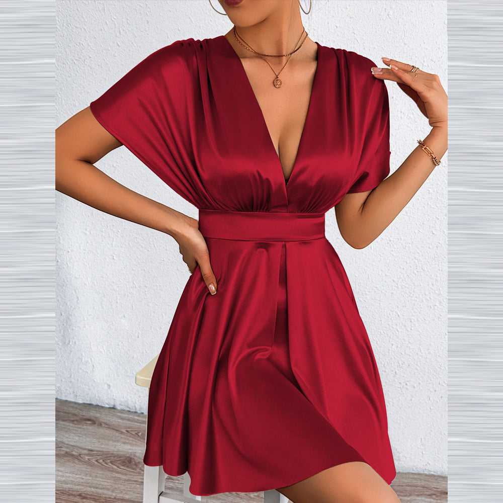 New Womens Summer V-neck Elegant Low-cut Fashionable Waist-cinching Dress by Ricaloux