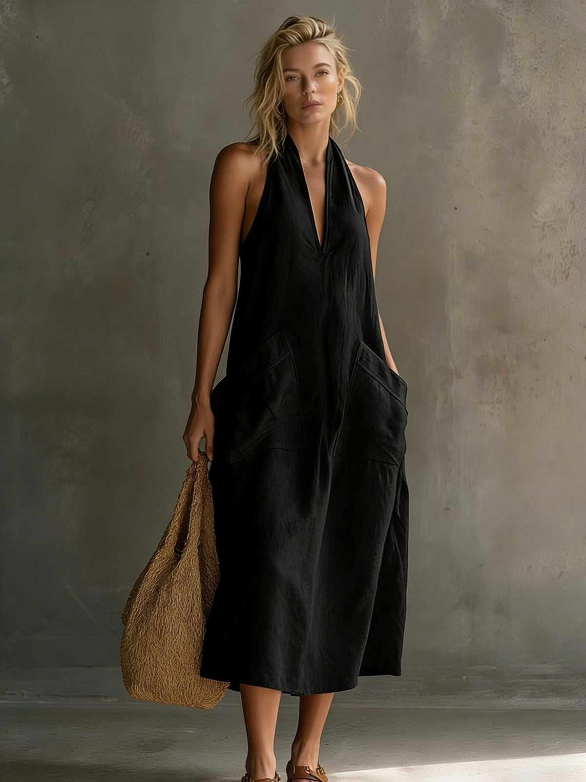Summer Halter V-Neck Backless Maxi Dress With Large Pockets - Cotton Linen Loose Vacation Dress, Multiple Colors Available For Women by Ricaloux