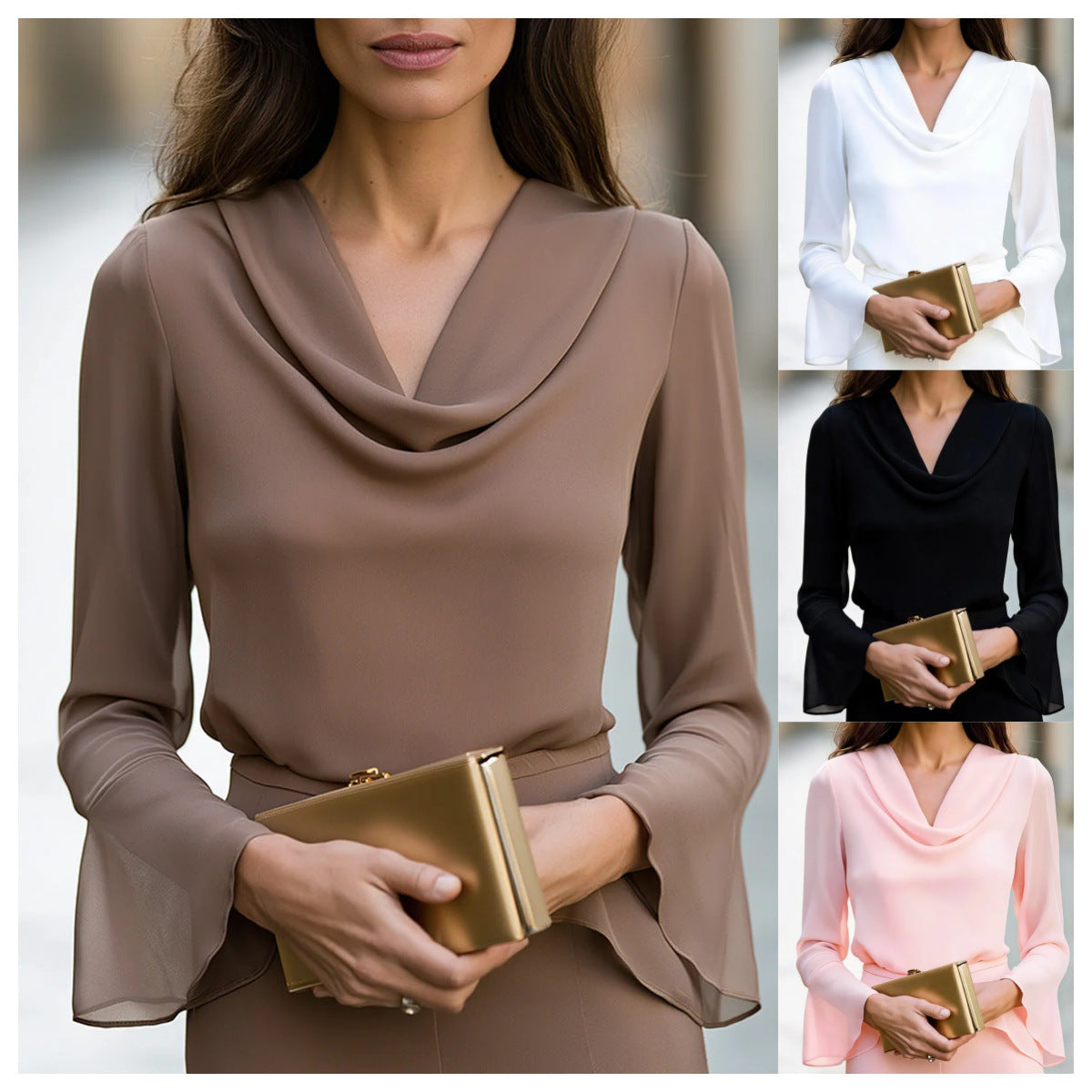 Womens Ruffled V-neck Flared Long-sleeve Top – Premium 0 | RICALOUX