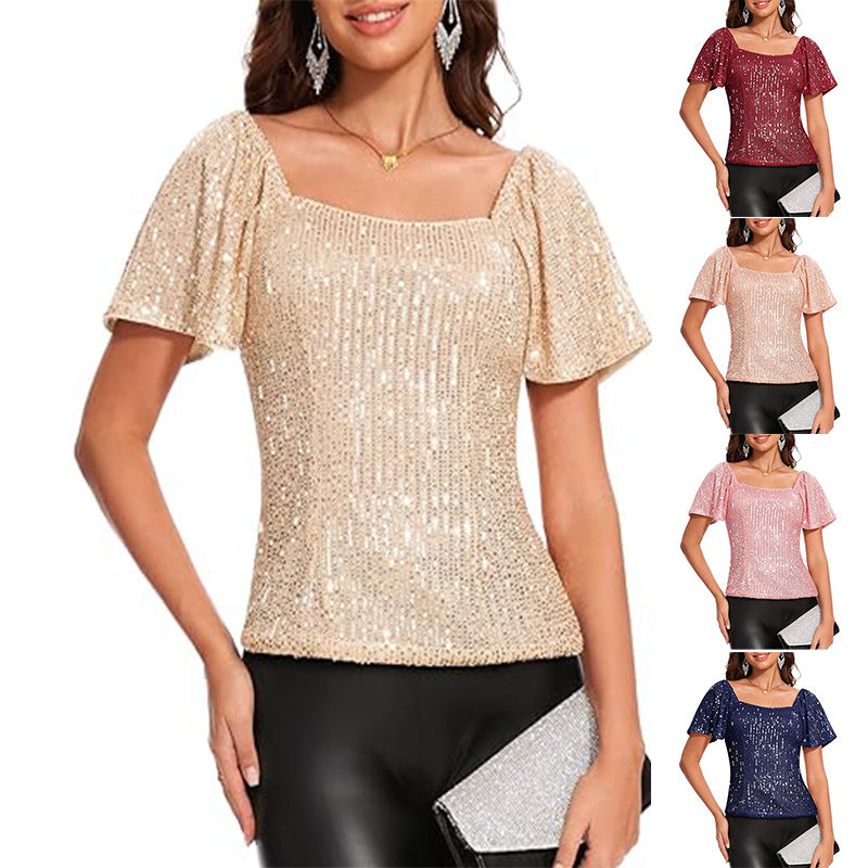 Womens Fashionable Square-neck Short-sleeve Sequin Puffed Sleeves – Premium 0 | RICALOUX