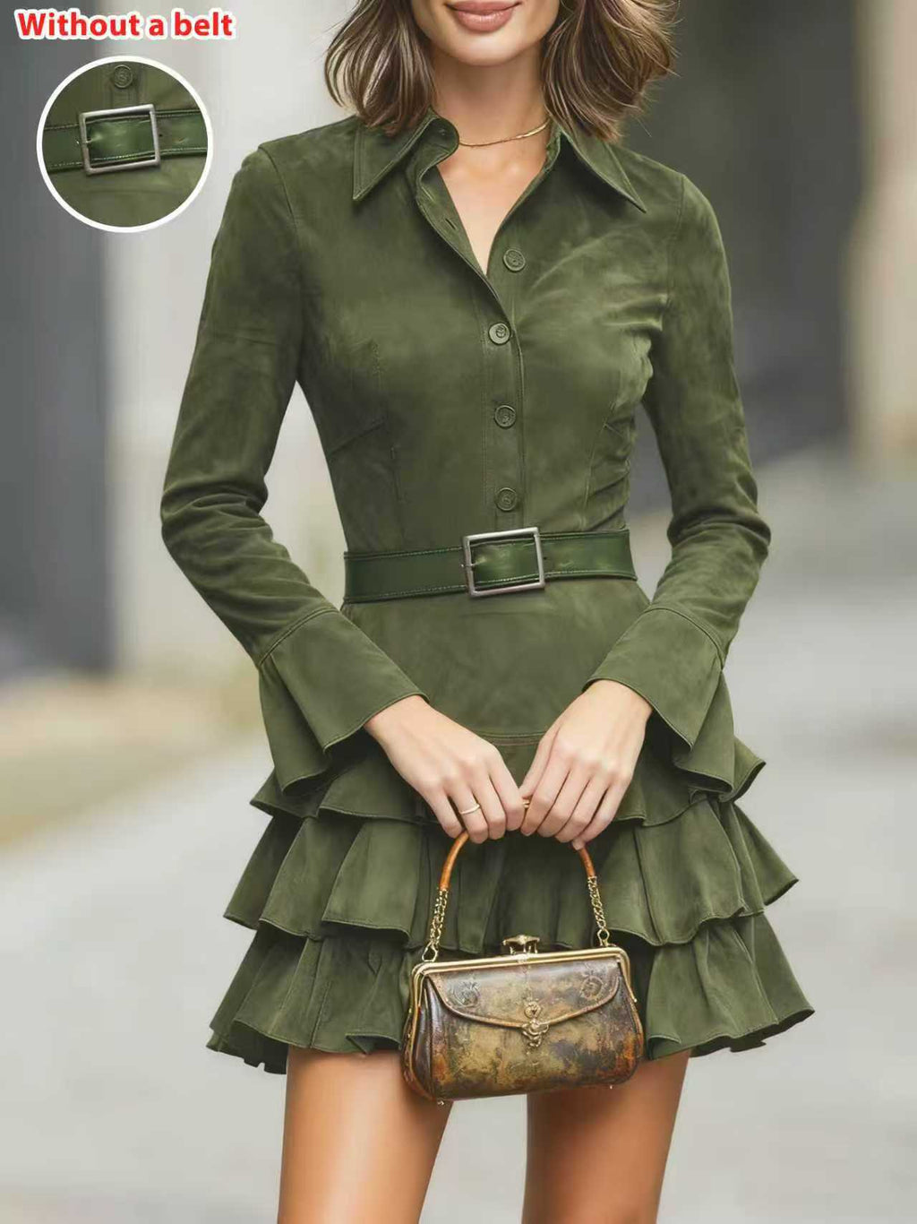 Womens Slim-Fit Solid-Color Suede Ruffled Long-Sleeve Shirt Dress – Premium 0 | RICALOUX