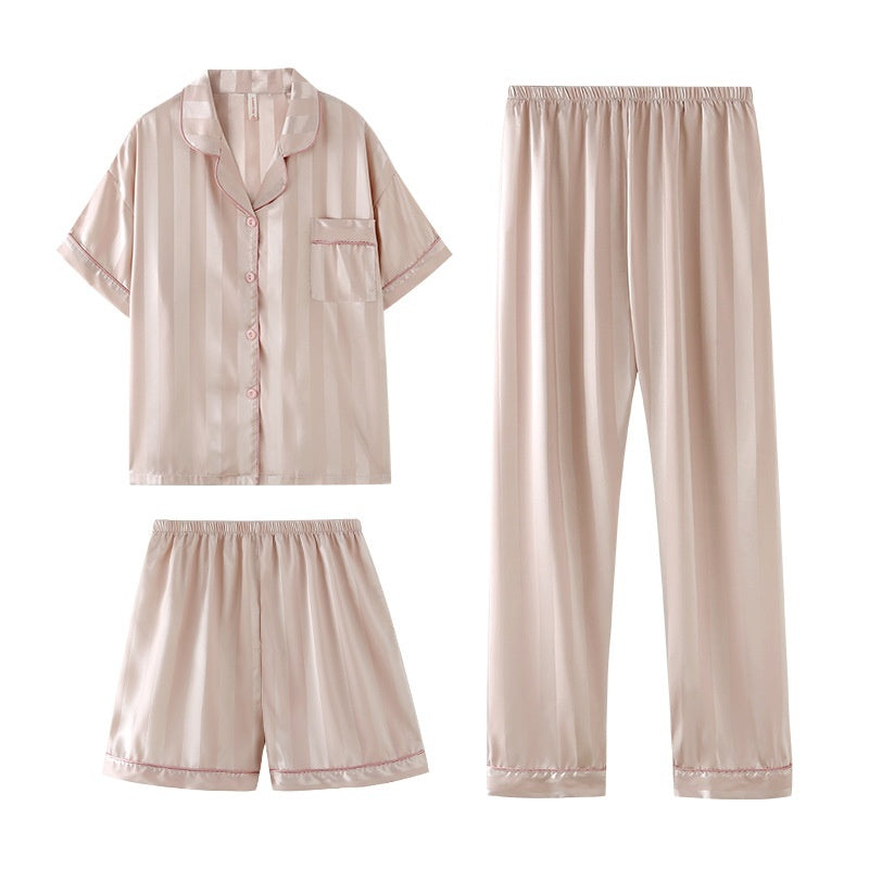 Womens Summer High-End Ice Silk Short-Sleeve Pajama Set 3 Pieces by Ricaloux