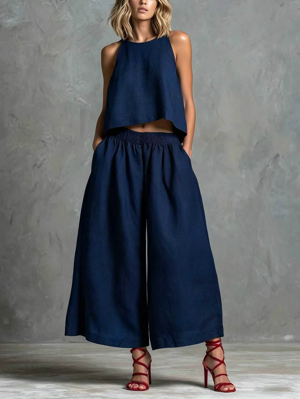 Loose Laid-back Linen Vest And Wide-leg Pants Set by Ricaloux