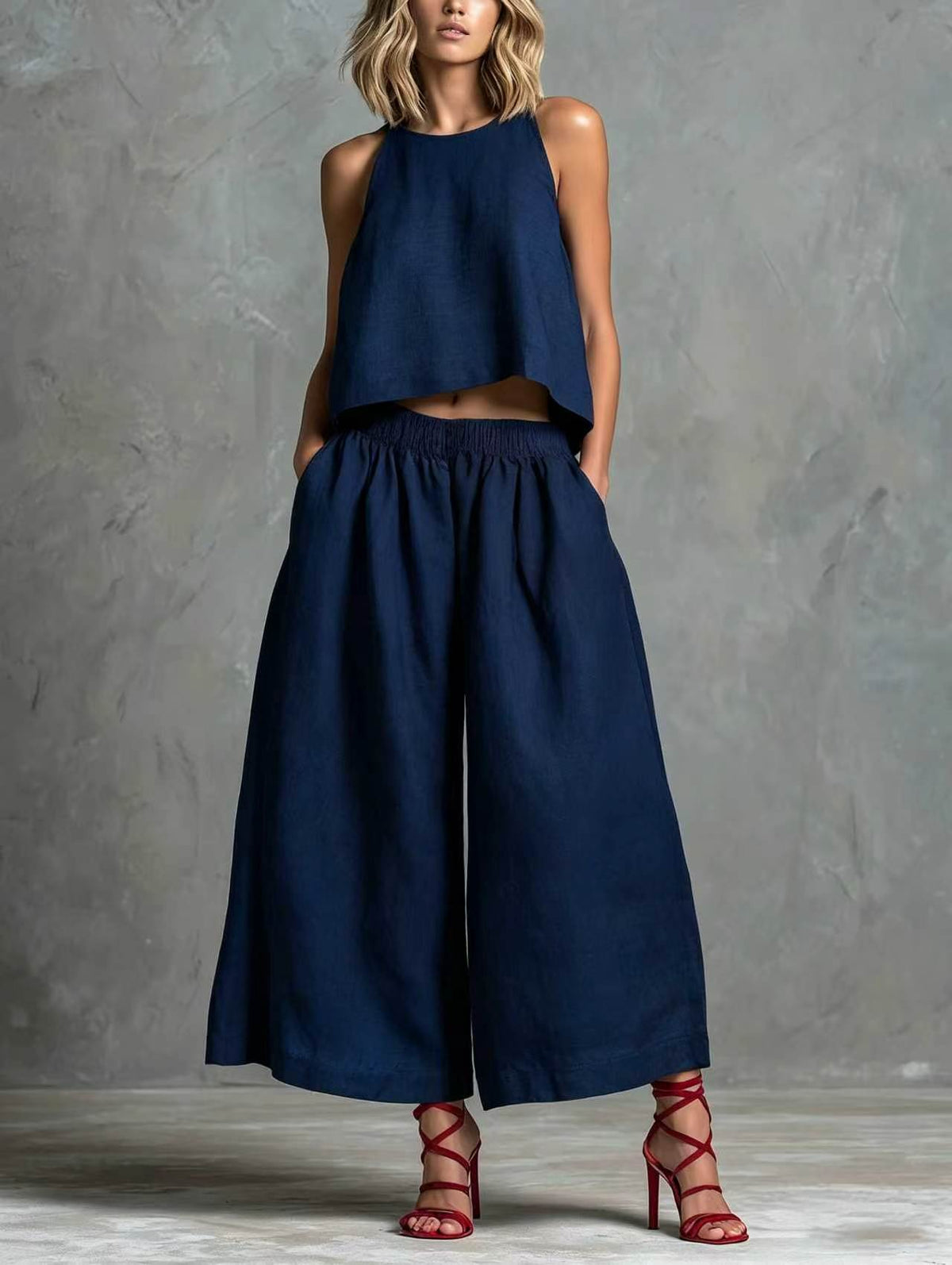 Loose Laid-back Linen Vest And Wide-leg Pants Set by Ricaloux