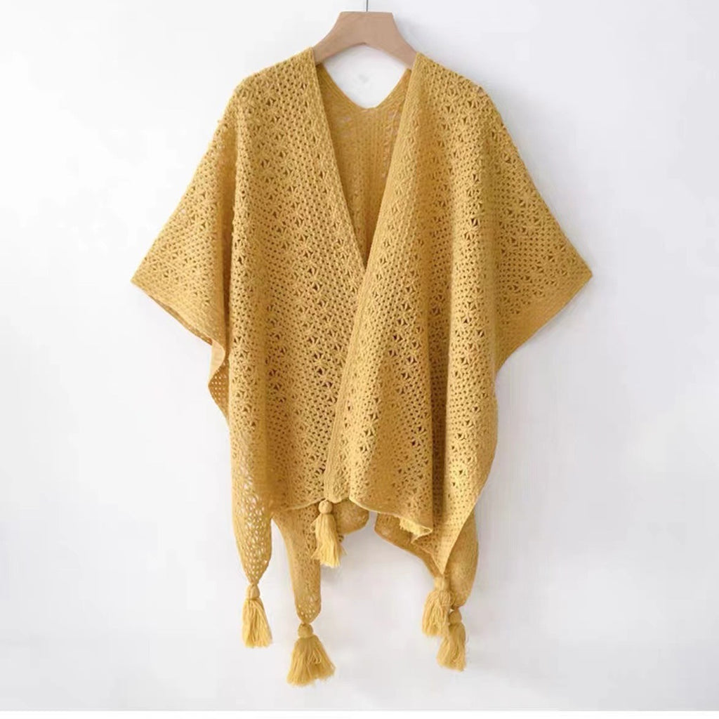Womens Knitted Tassel-Trimmed Open-Front Cape For Photos – Premium 0 | RICALOUX