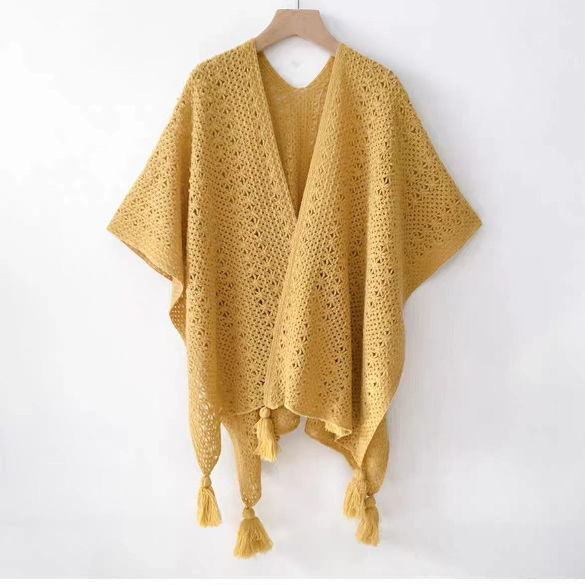Womens Knitted Tassel-Trimmed Open-Front Cape For Photos – Premium 0 | RICALOUX