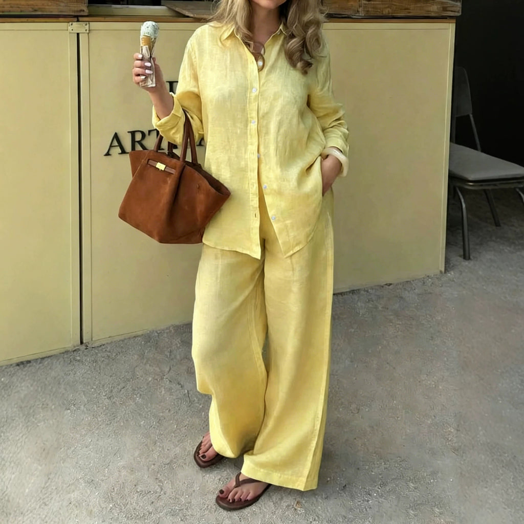 Simple Linen Two-piece Set With A Lapel And Long Sleeves by Ricaloux