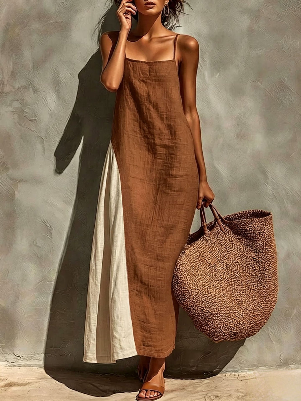 Womens Cotton-linen Versatile Minimalist Strap Dress by Ricaloux