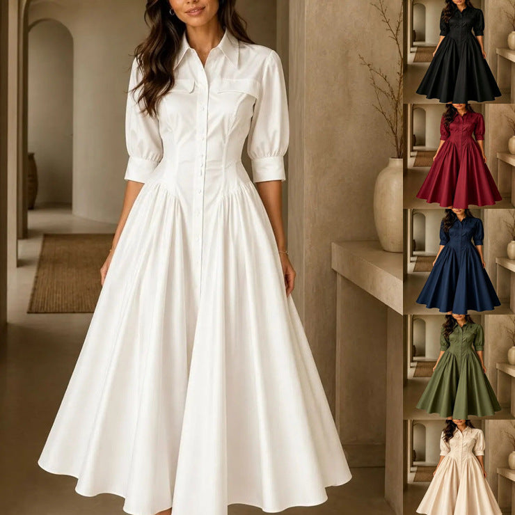 Cotton-linen Blend Single-breasted High-waisted Solid-color Dress by Ricaloux
