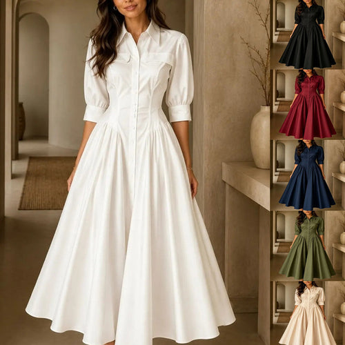 Cotton-linen Blend Single-breasted High-waisted Solid-color Dress by Ricaloux