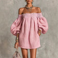 Off-the-shoulder Lantern-sleeve A-line Loose-fit Mini Dress by Ricaloux