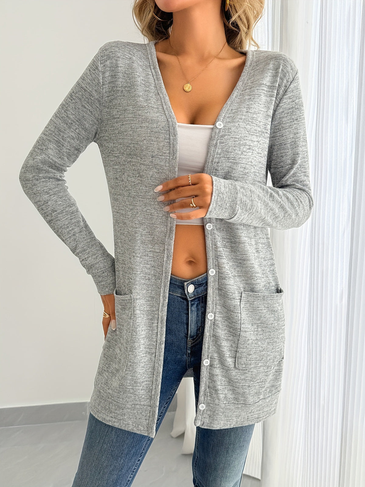 Solid-color Loose-fitting Long-sleeve Cardigan With Pockets – Premium 0 | RICALOUX