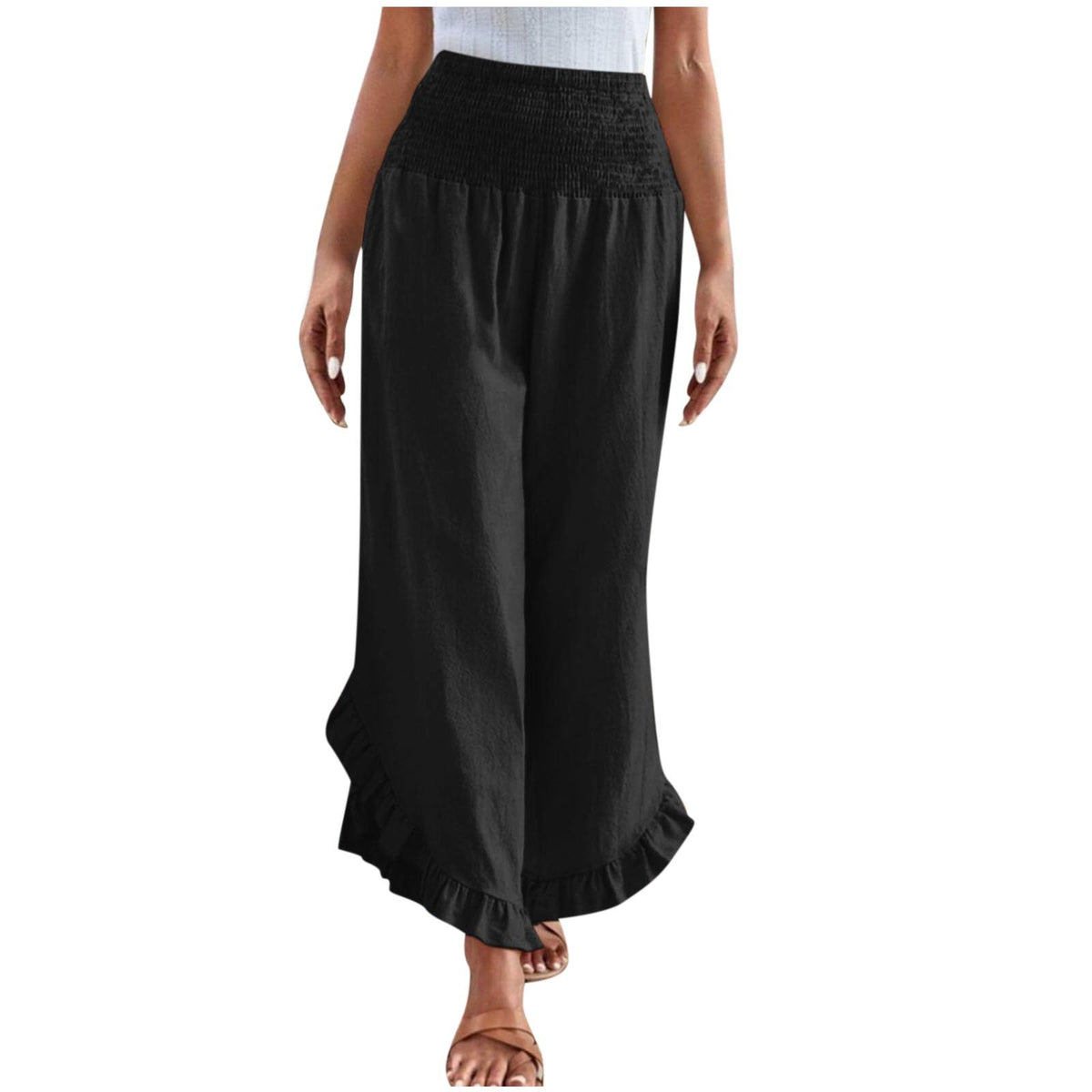 Womens High-waisted Asymmetrical-hem Cotton-linen Relaxed-fit Casual Pants – Premium 0 | RICALOUX
