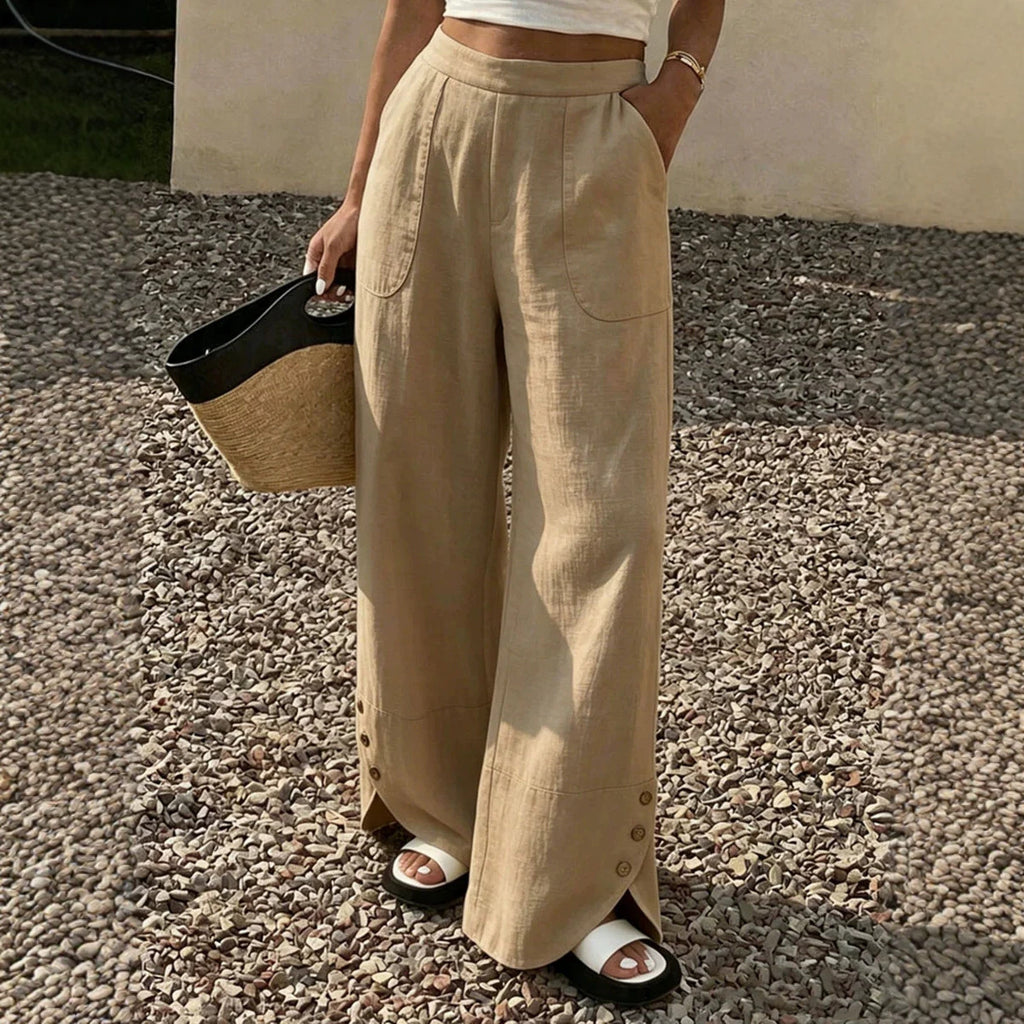 Womens Solid-color Loose-fit Straight-leg Casual Wide-leg Pants With Pockets by Ricaloux