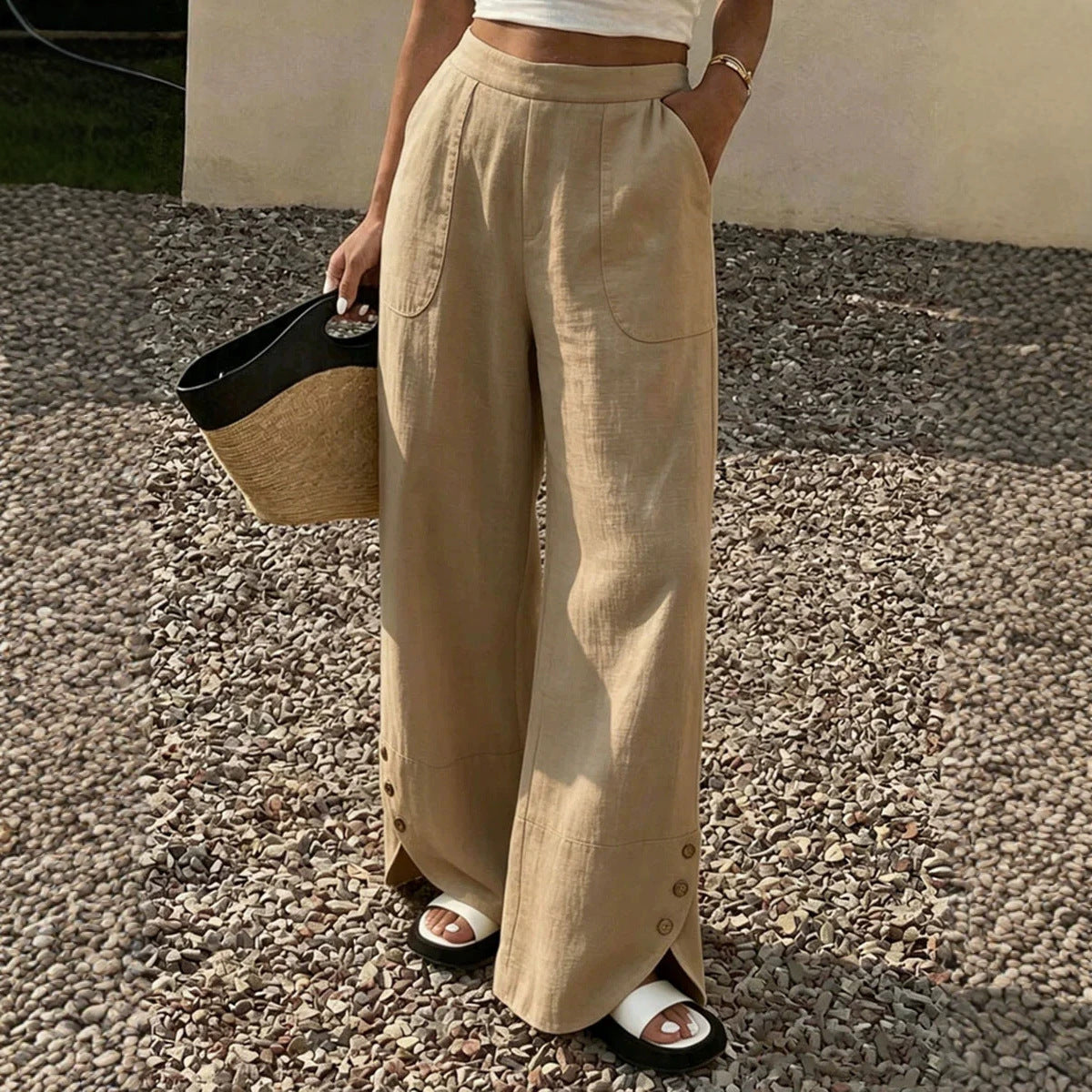 Womens Solid-color Loose-fit Straight-leg Casual Wide-leg Pants With Pockets by Ricaloux