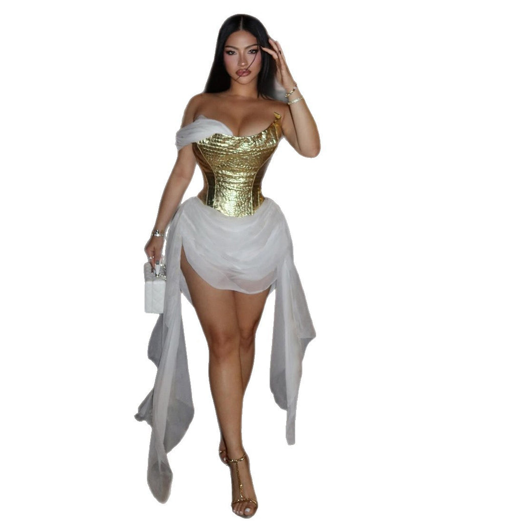 Womens Shiny Mesh-spliced Fashion Dress With Flowing Ribbons by Ricaloux