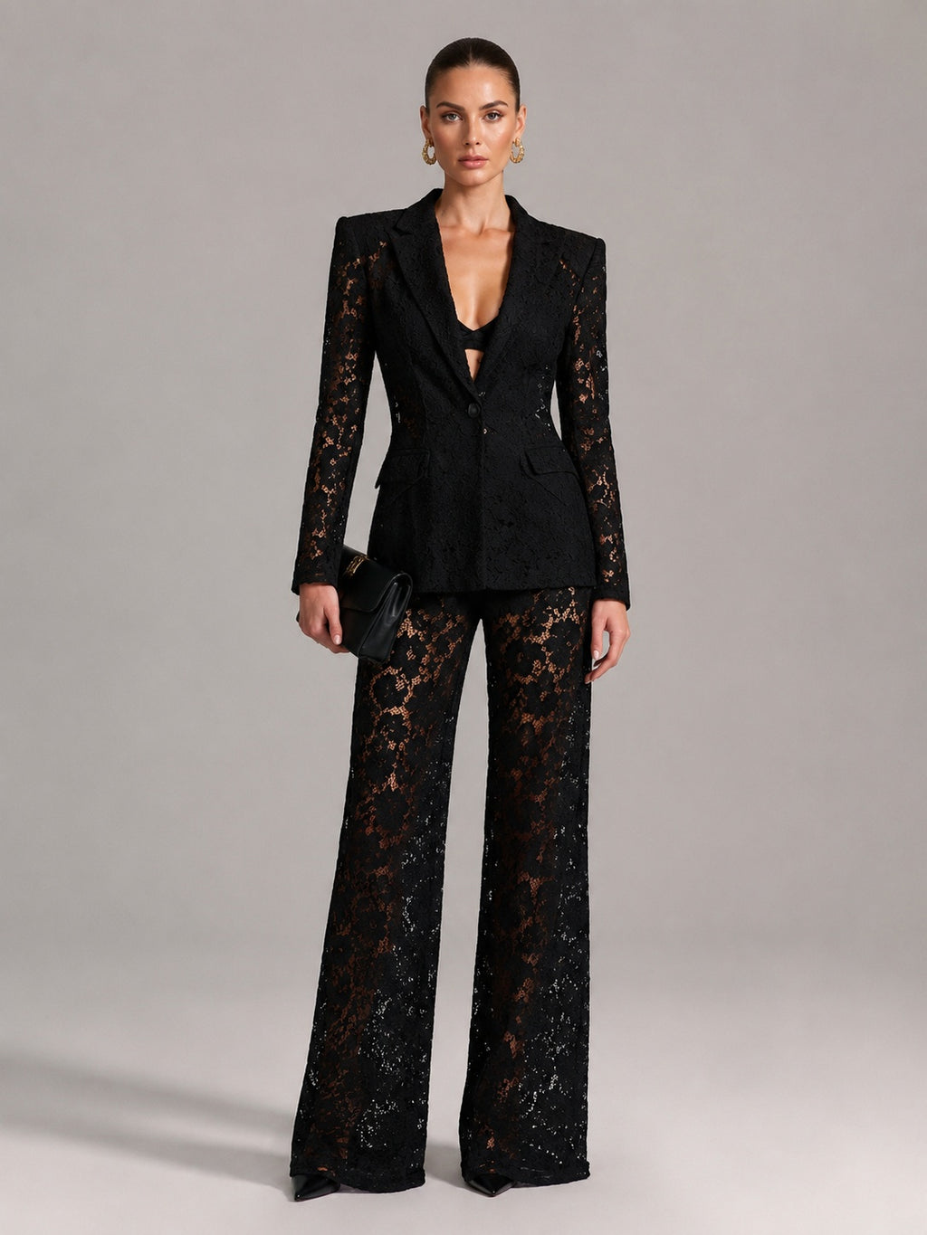 Floral Lace Single Button Blazer & High Waist Wide Leg Pants 2-Piece Suit Set by Ricaloux