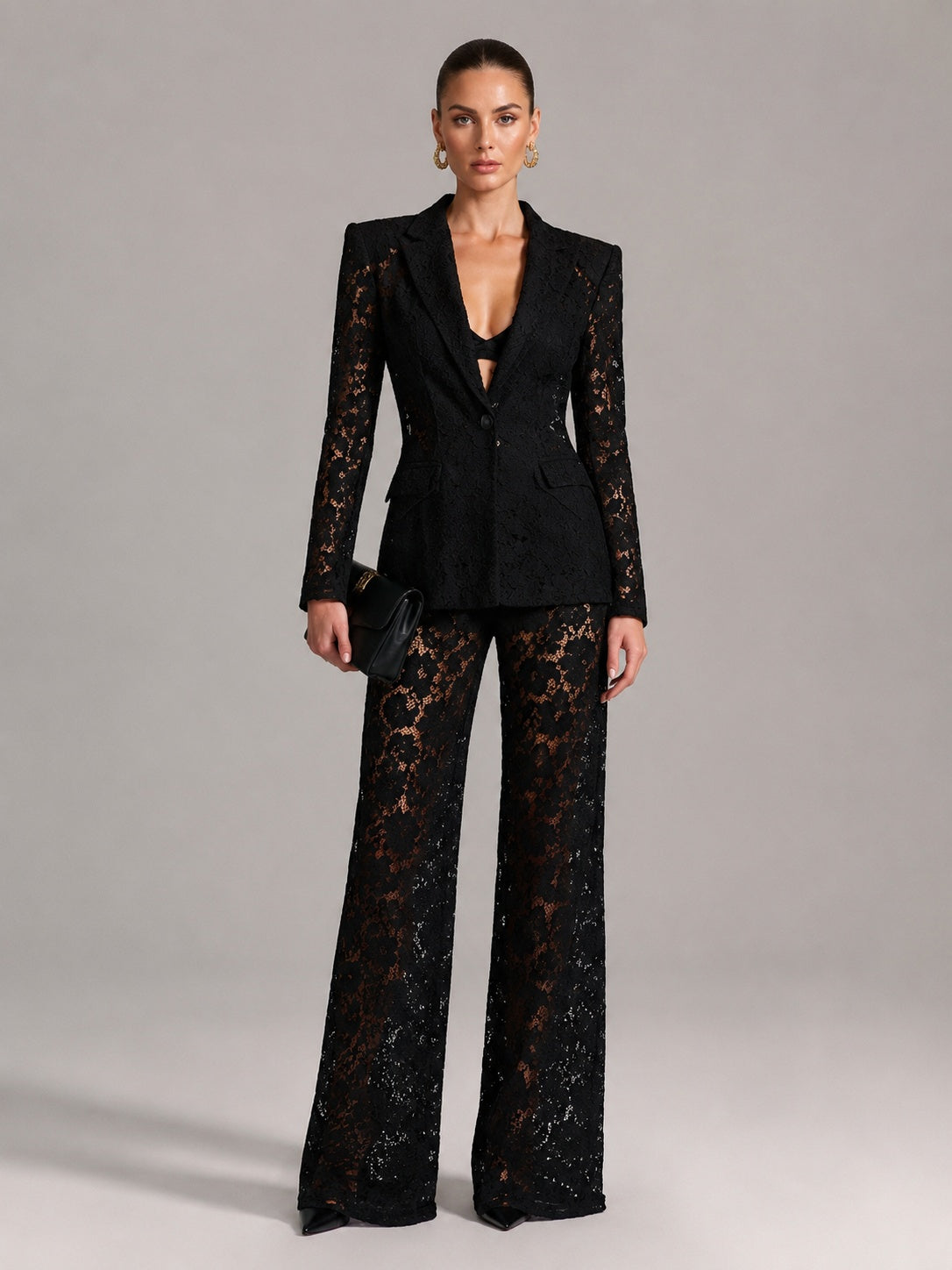 Floral Lace Single Button Blazer & High Waist Wide Leg Pants 2-Piece Suit Set by Ricaloux