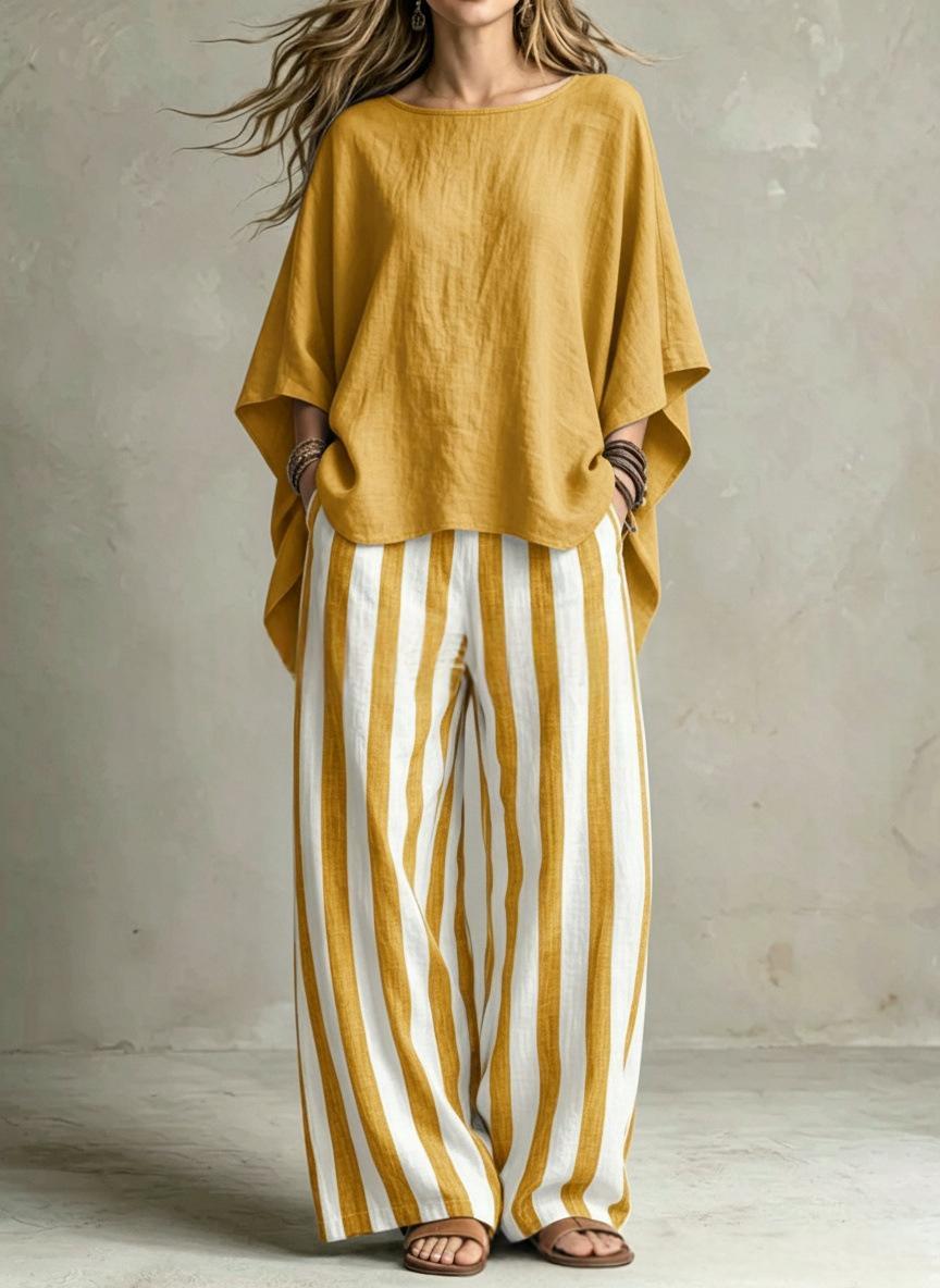 Womens Striped Pants And Cotton-Linen Top Set With Batwing Sleeves – Premium 0 | RICALOUX