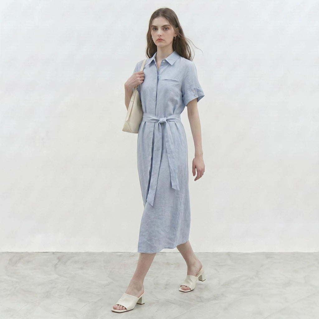 Womens Linen Shirt Dress With A Turn-down Collar And A Fitted Waist – Premium 0 | RICALOUX