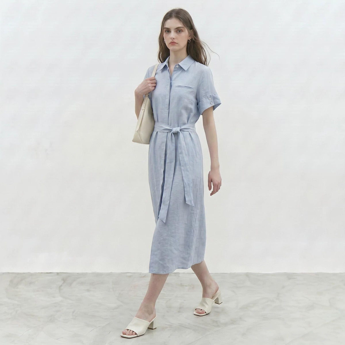 Womens Linen Shirt Dress With A Turn-down Collar And A Fitted Waist – Premium 0 | RICALOUX