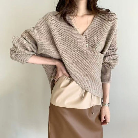 V-neck Solid-color Off-shoulder Knit Pullover For Women – Premium 0 | RICALOUX