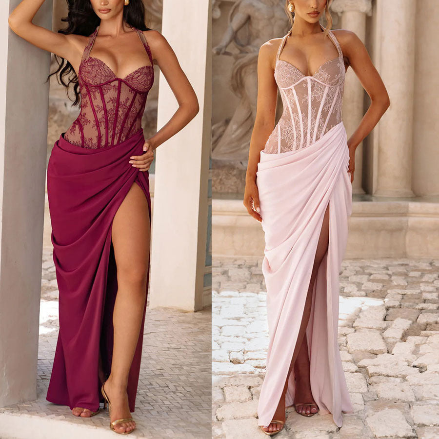 SpringSummer New Halter-Neck Lace-Up Patchwork Dress – Premium 0 | RICALOUX