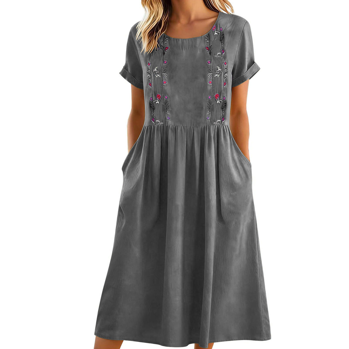 Womens Embroidered Crew-Neck Cotton-Linen Pinafore Dress by Ricaloux