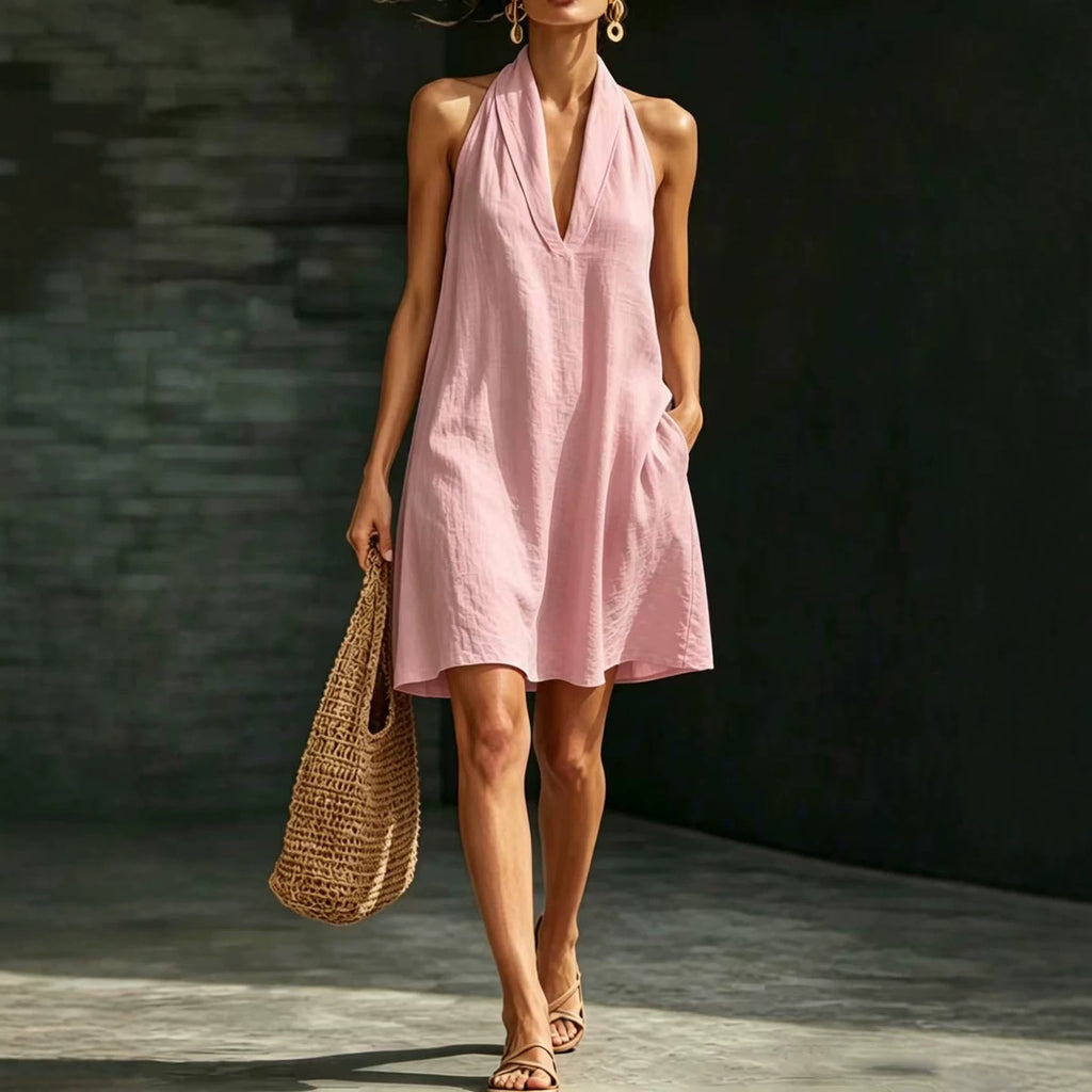 Casual Short Solid-color V-neck Dress by Ricaloux