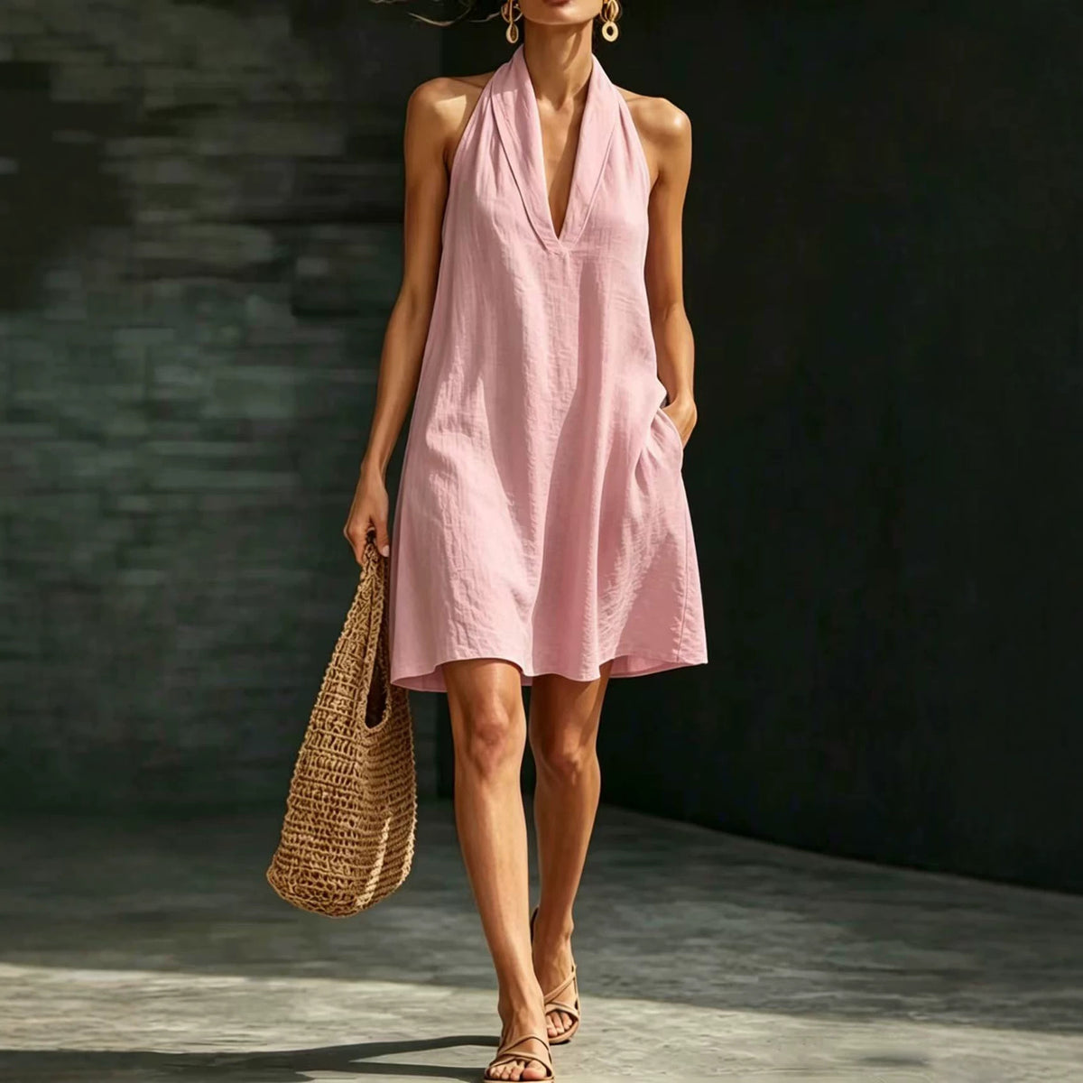 Casual Short Solid-color V-neck Dress by Ricaloux