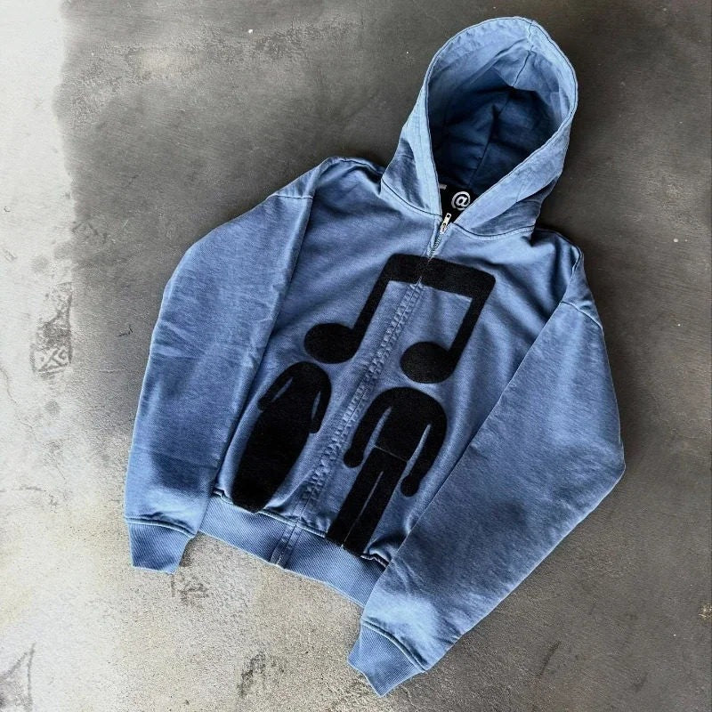 Printed Zip-Up Hoodie Loose-Fit Sweatshirt by Ricaloux