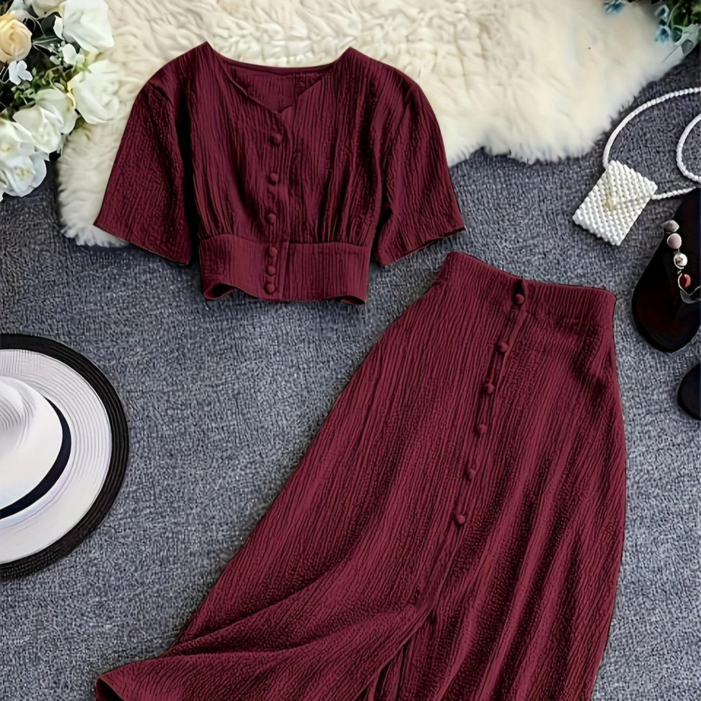 V-neck Single-breasted Short-sleeve Top And High-waisted Wide-leg Pants With Side Slits – Premium 0 | RICALOUX