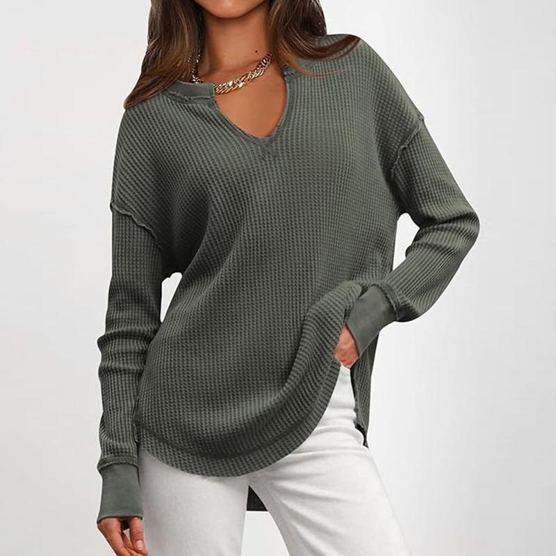 Womens AutumnWinter Casual Knitted Sweater Solid-Color Long-Sleeve V-Neck Waffle-Weave Hoodie Top by Ricaloux