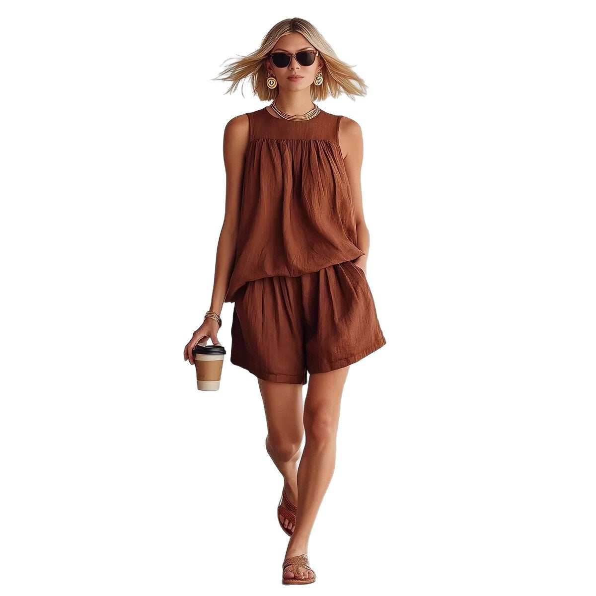Retro Sleeveless Pleated Top And Wide-leg Shorts Set – Premium 0 | RICALOUX