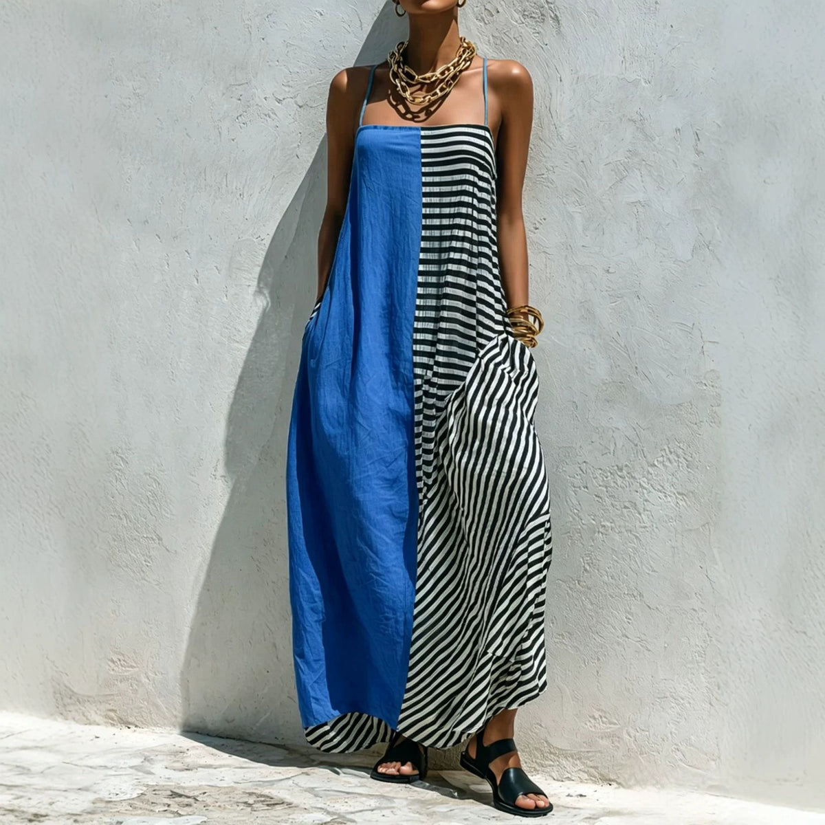 Printed Striped Strap Sleeveless Long Dress by Ricaloux