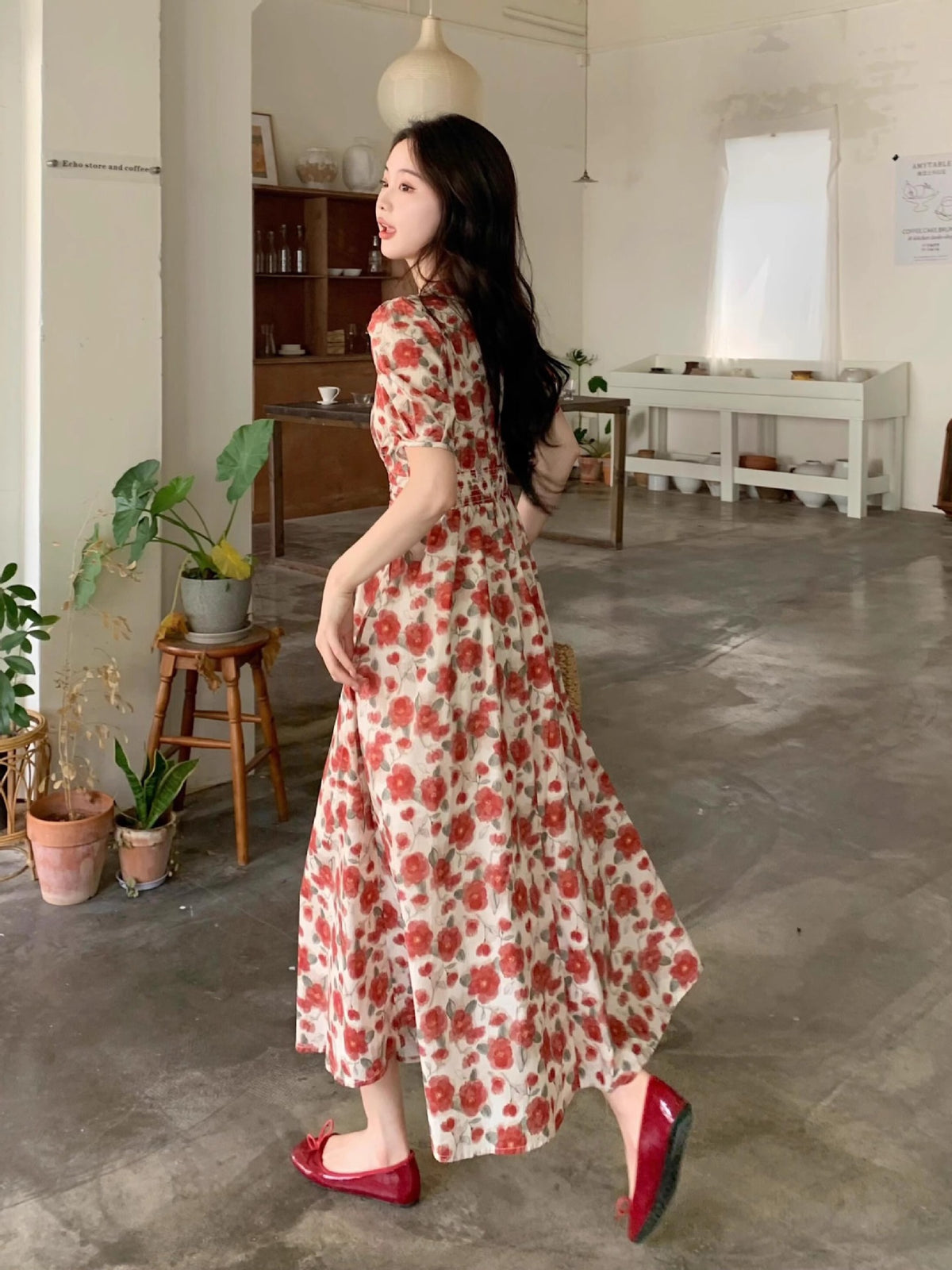 French-style Vintage Red V-neck Floral-print Dress For WomenSummer by Ricaloux