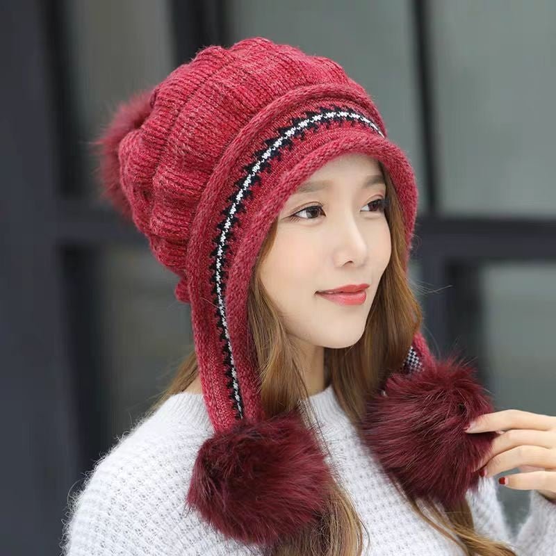 Cozy Knit Fleece-Feel Beanie With Ear Flaps & Pompom Warm Winter Hat For Women Perfect For Skiing & Outdoor Activities - RICALOUX