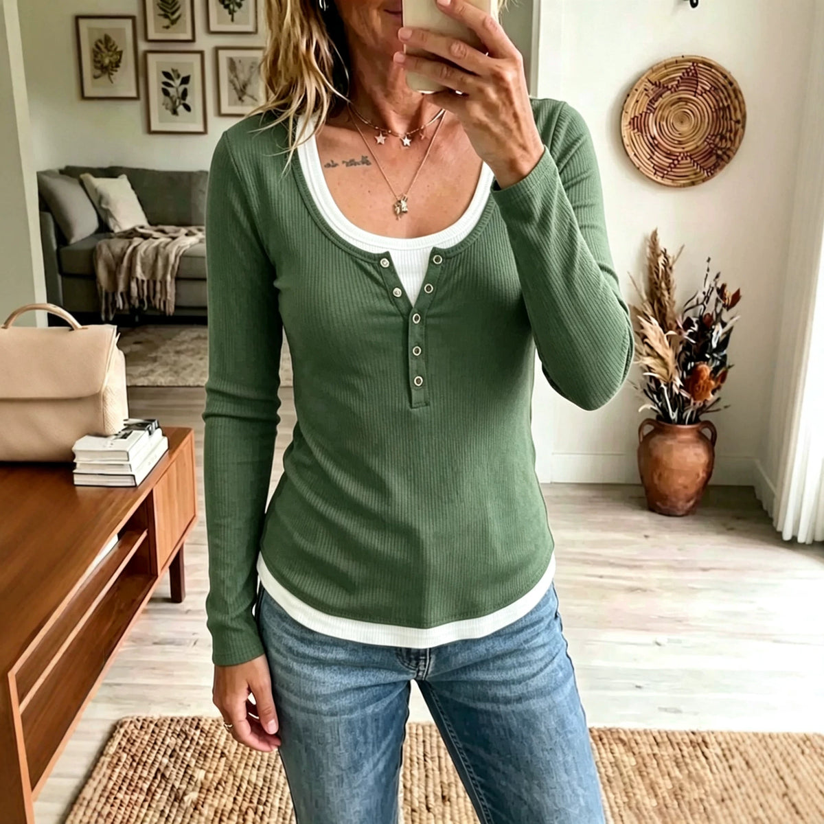 Womens Color-Block Fake Two-Piece Slim-Fit Casual Long-Sleeve T-Shirt – Premium 0 | RICALOUX
