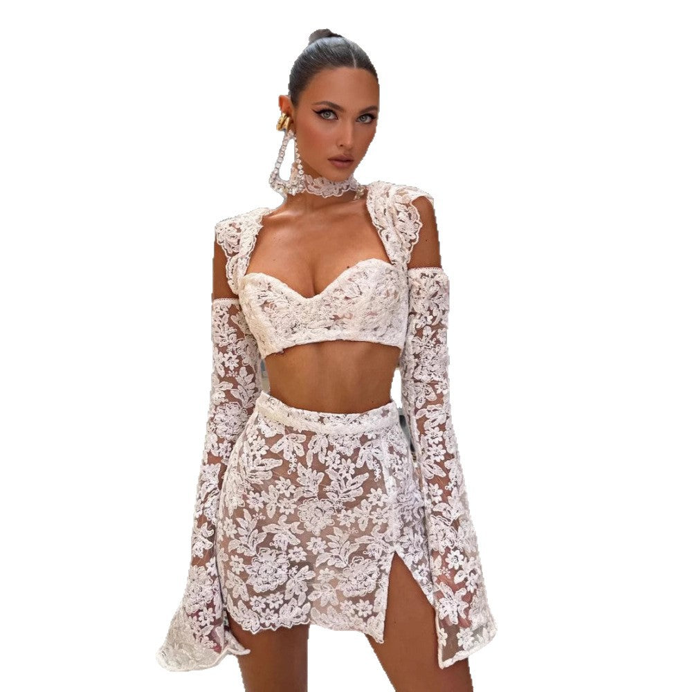 Sexy Sheer Flared-sleeve Top And Skirt Set – Premium 0 | RICALOUX