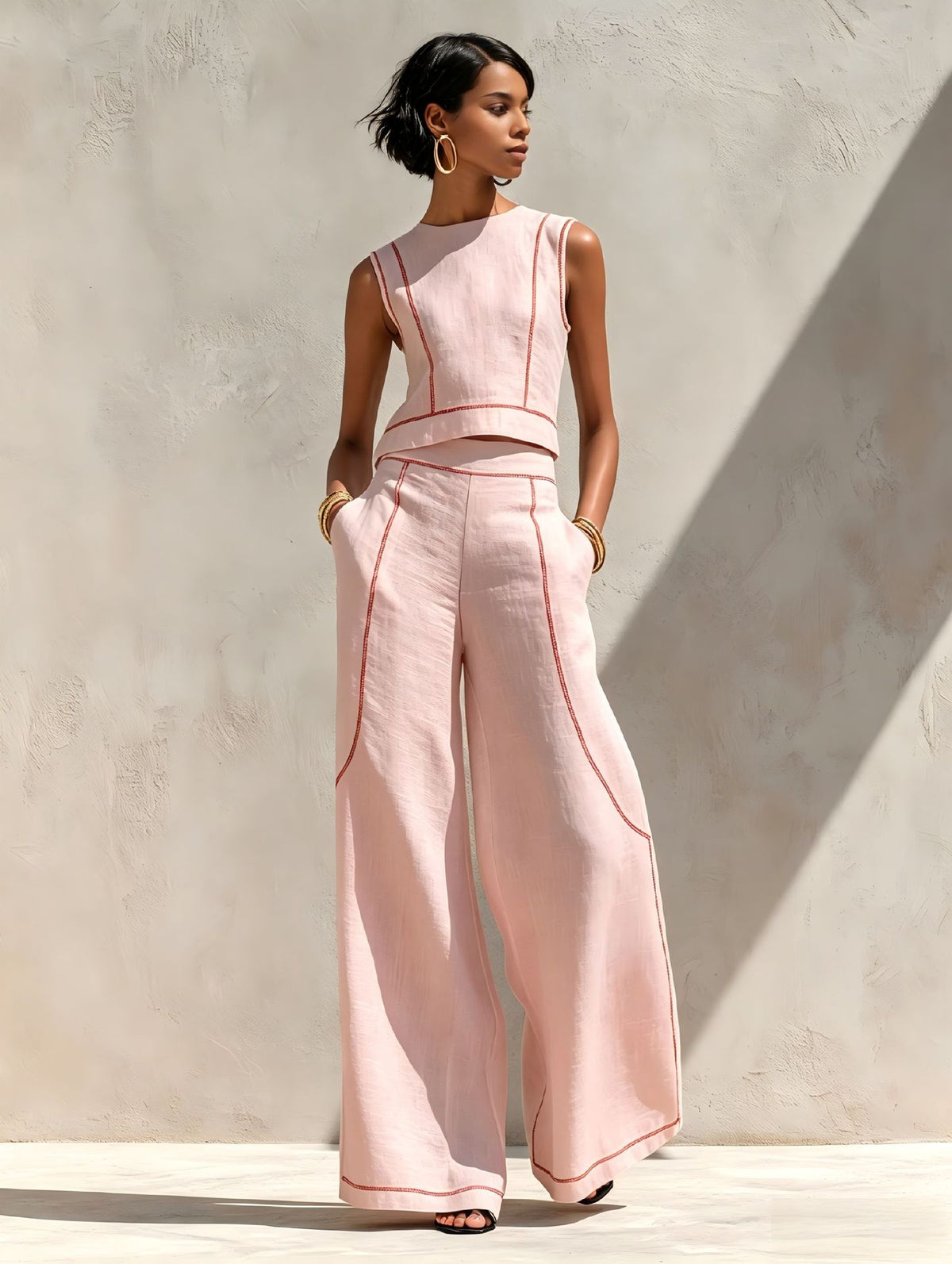 Sleeveless Color-Block Wide-Leg Pants Set Womens Summer Casual Chic Two-Piece Outfit by Ricaloux