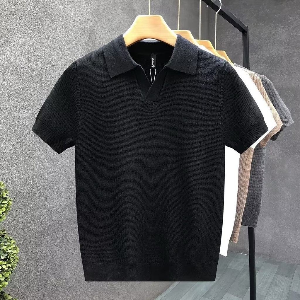 Stylish Slim-Fit Short-Sleeve Lapel Knitted Base Layer Shirt by Ricaloux
